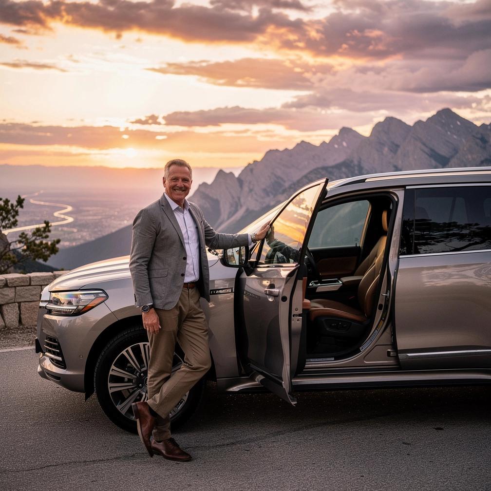 Luxury convertible car parked beside a scenic coastal highway at sunset.